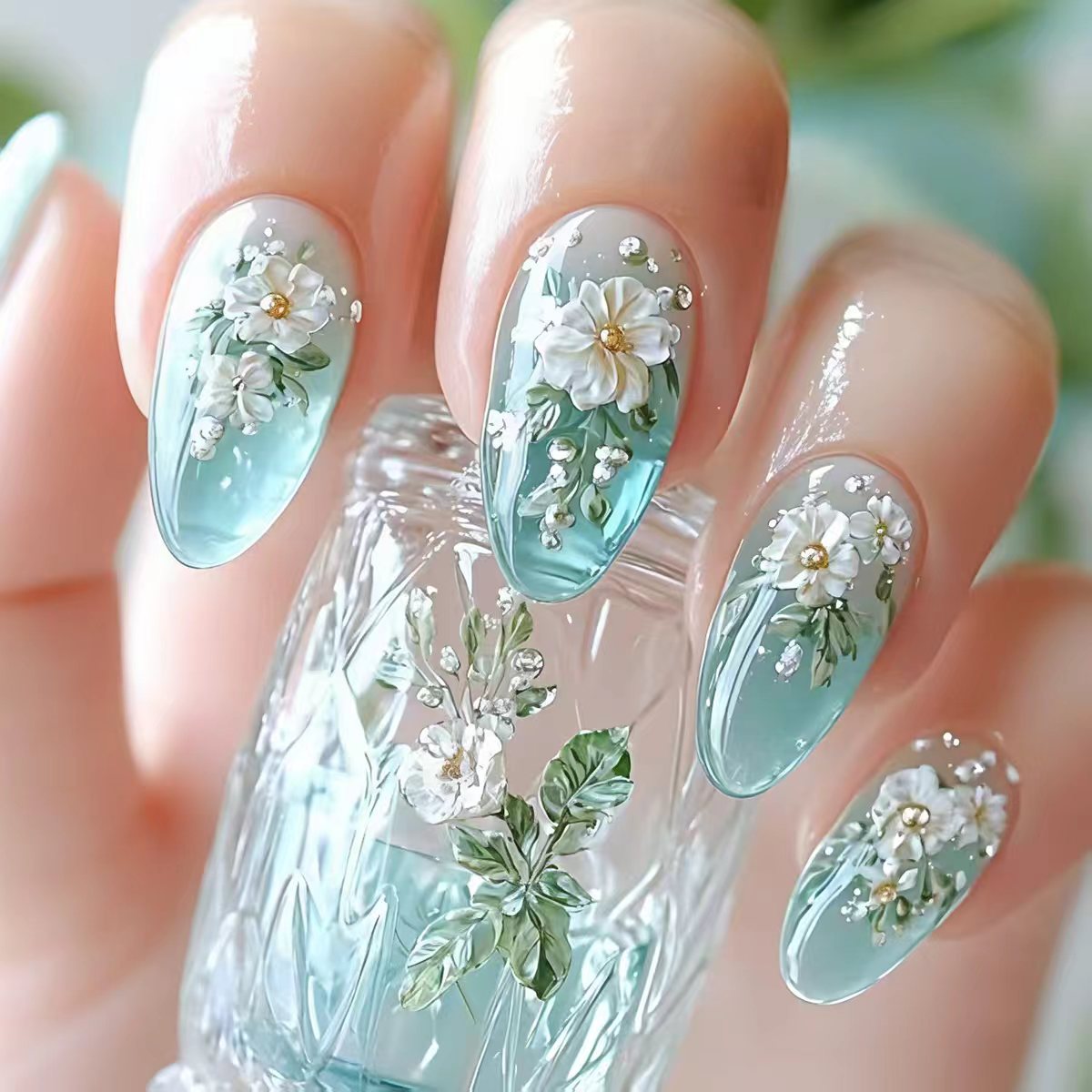 Pressed Flower Art - Unhas postiças médias para mulheres e