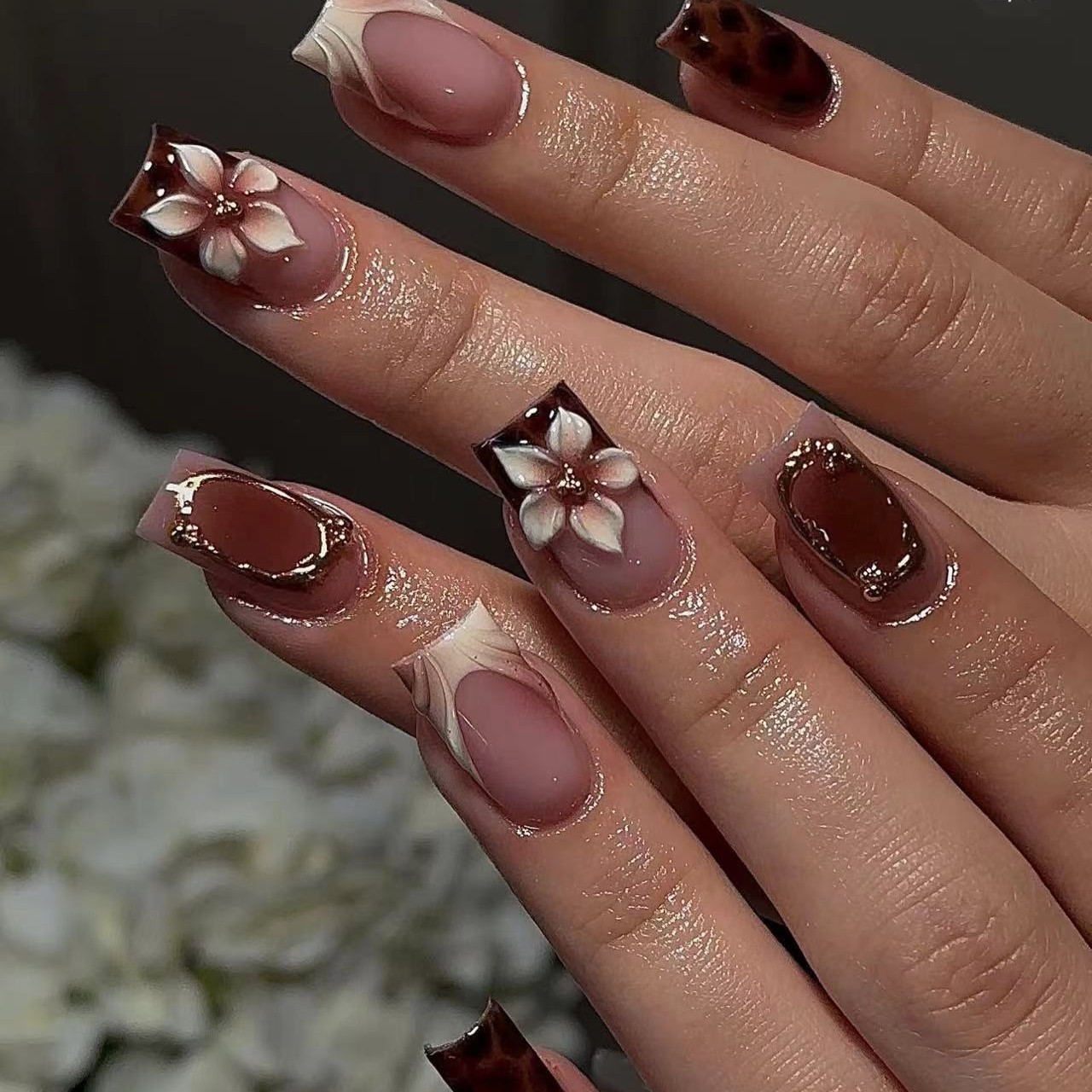 Pressed Flower Art - Unhas postiças curtas quadradas para mulheres,